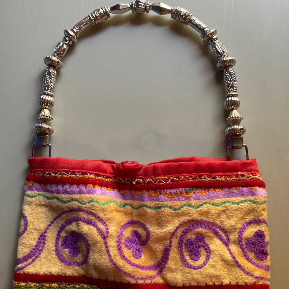 Handmade purse, 8x8 with button closure and metal handle.  W242 - Picture 3 of 6